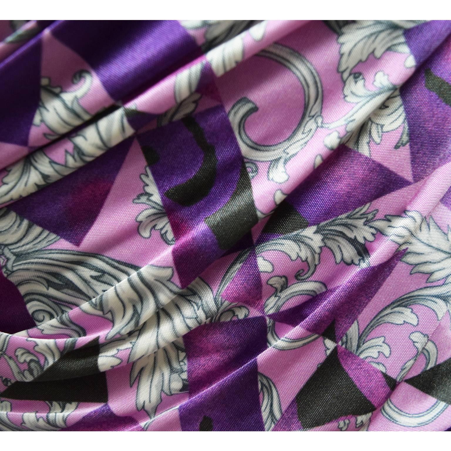 Gray Versace Monochromatic Baroque  Purple Printed Bodycon Wrap Dress  For Sale