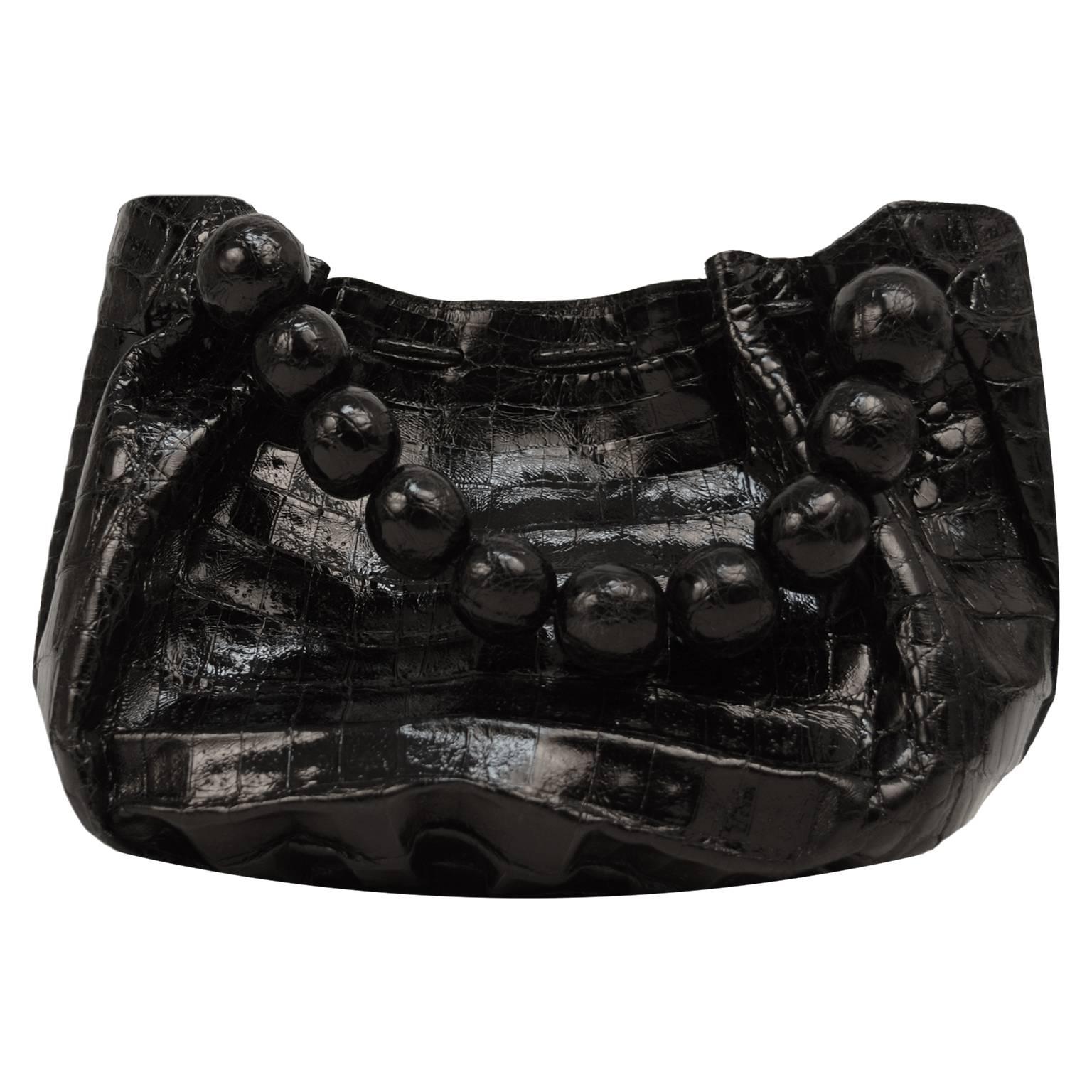 Nancy Gonzalez Black Croc Convertible Shoulder Bag   For Sale