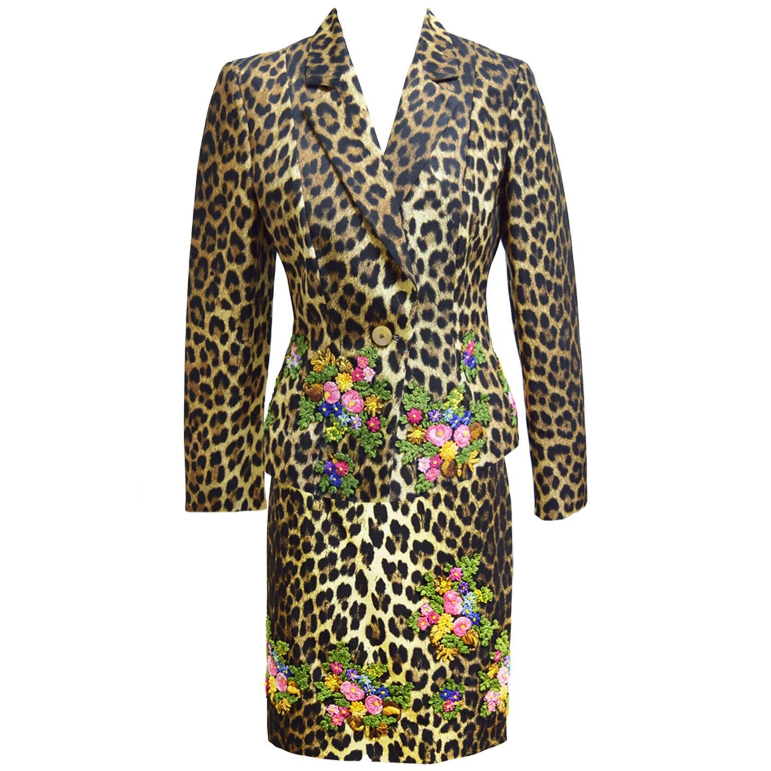 Moschino Leopard Two Piece Skirt Suit with Floral Embroidery For Sale