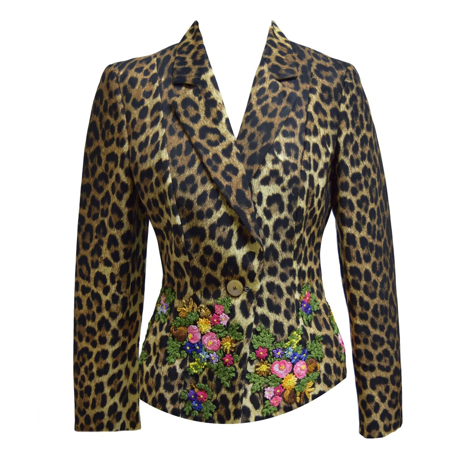 Black Moschino Leopard Two Piece Skirt Suit with Floral Embroidery For Sale