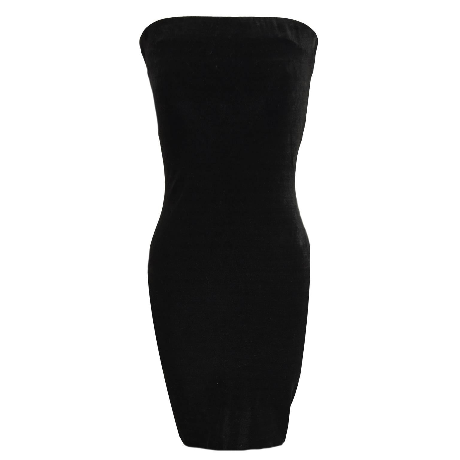 Donna Karan Black Velvet Bodycon Strapless Cocktail Dress with Inner Bodsuit For Sale