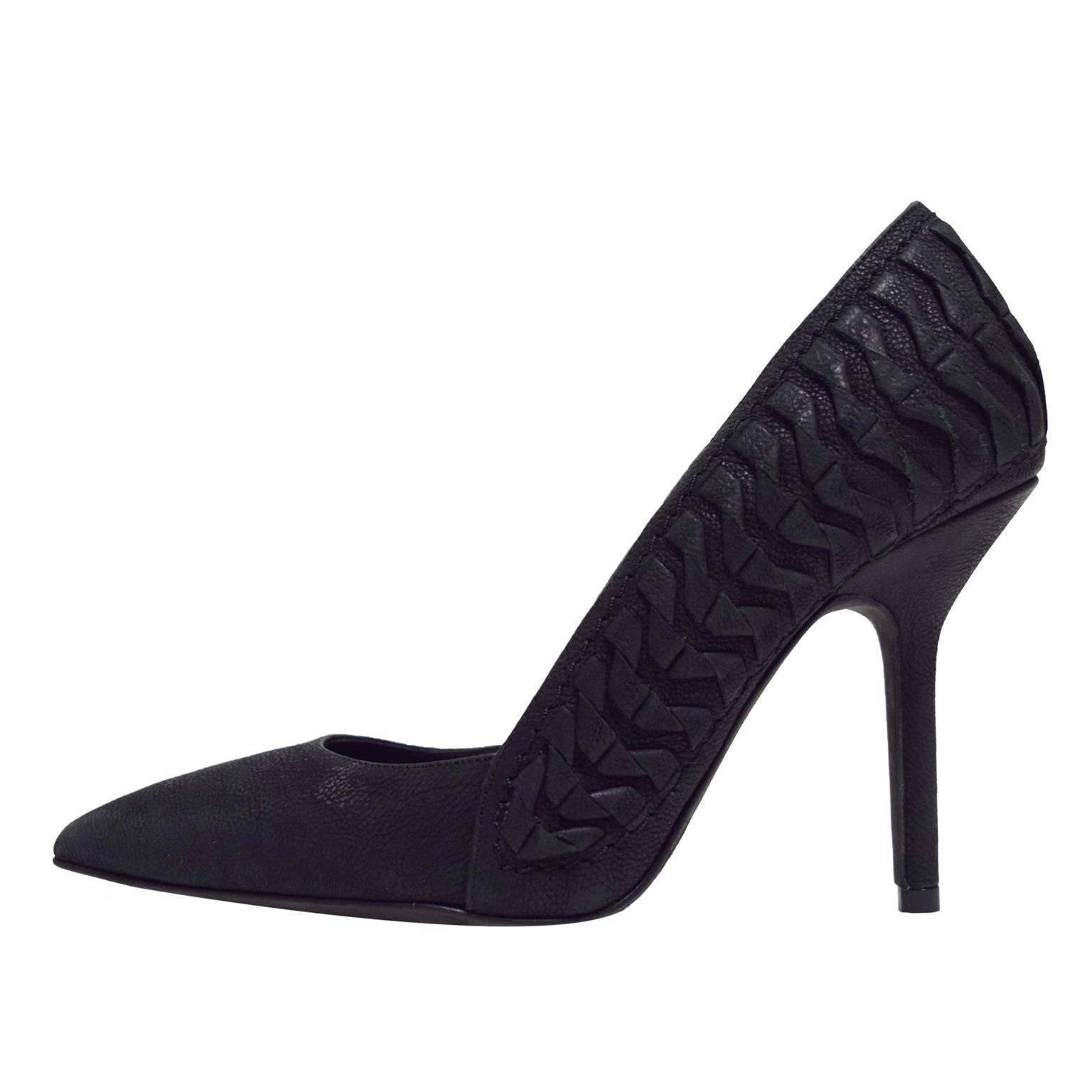 Haider Ackermann Matte Black Leather Pumps with Leather Side Ribbing For Sale