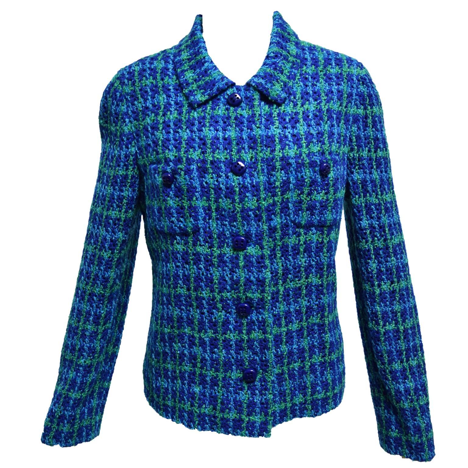 Murell Blue, Navy, and Green Crocheted Jacket and Dress Ensemble  In Excellent Condition For Sale In Henrico, VA
