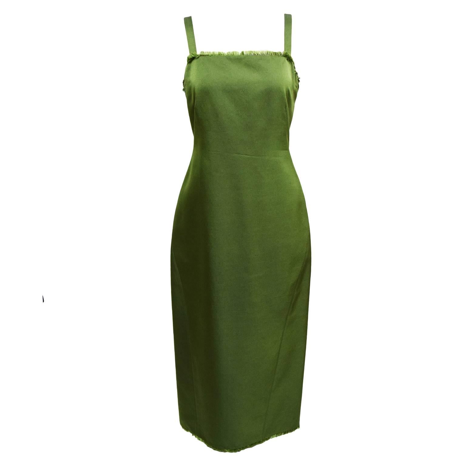 Alberta Ferretti Olive Silk Dress with Fringe Edges For Sale