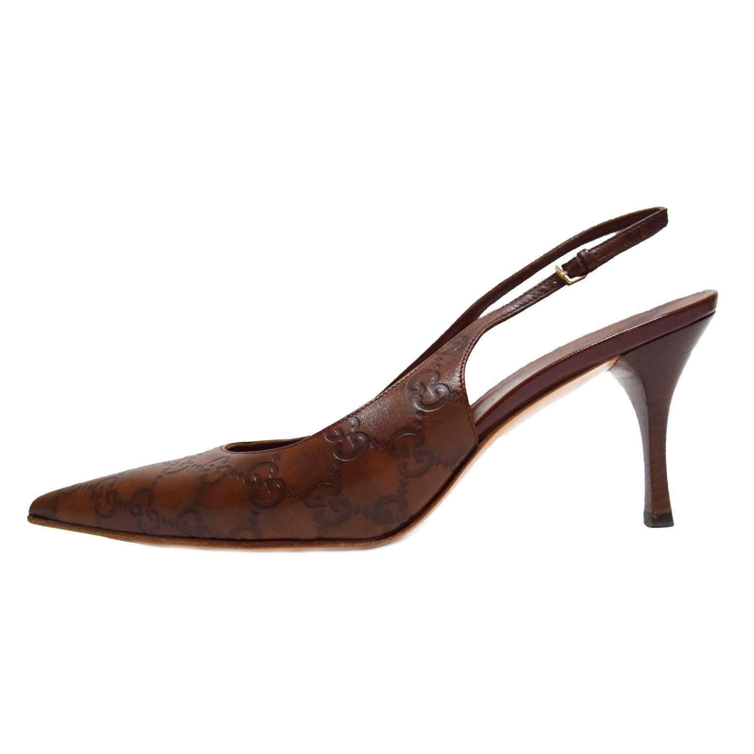 Gucci Brown Leather Imprinted Monogrammed Slingback For Sale