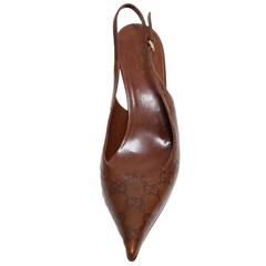 Gucci Brown Leather Imprinted Monogrammed Slingback