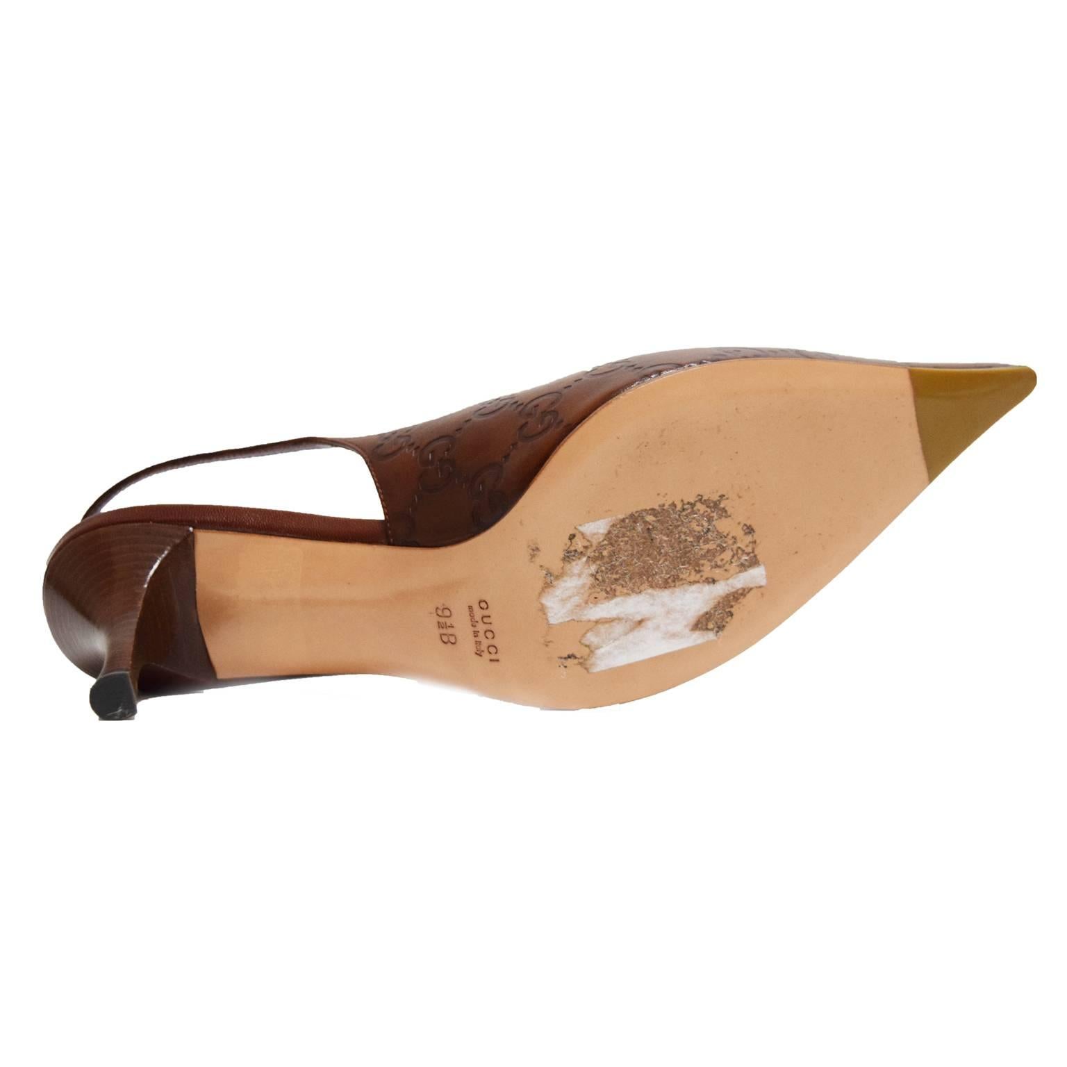 Women's Gucci Brown Leather Imprinted Monogrammed Slingback For Sale