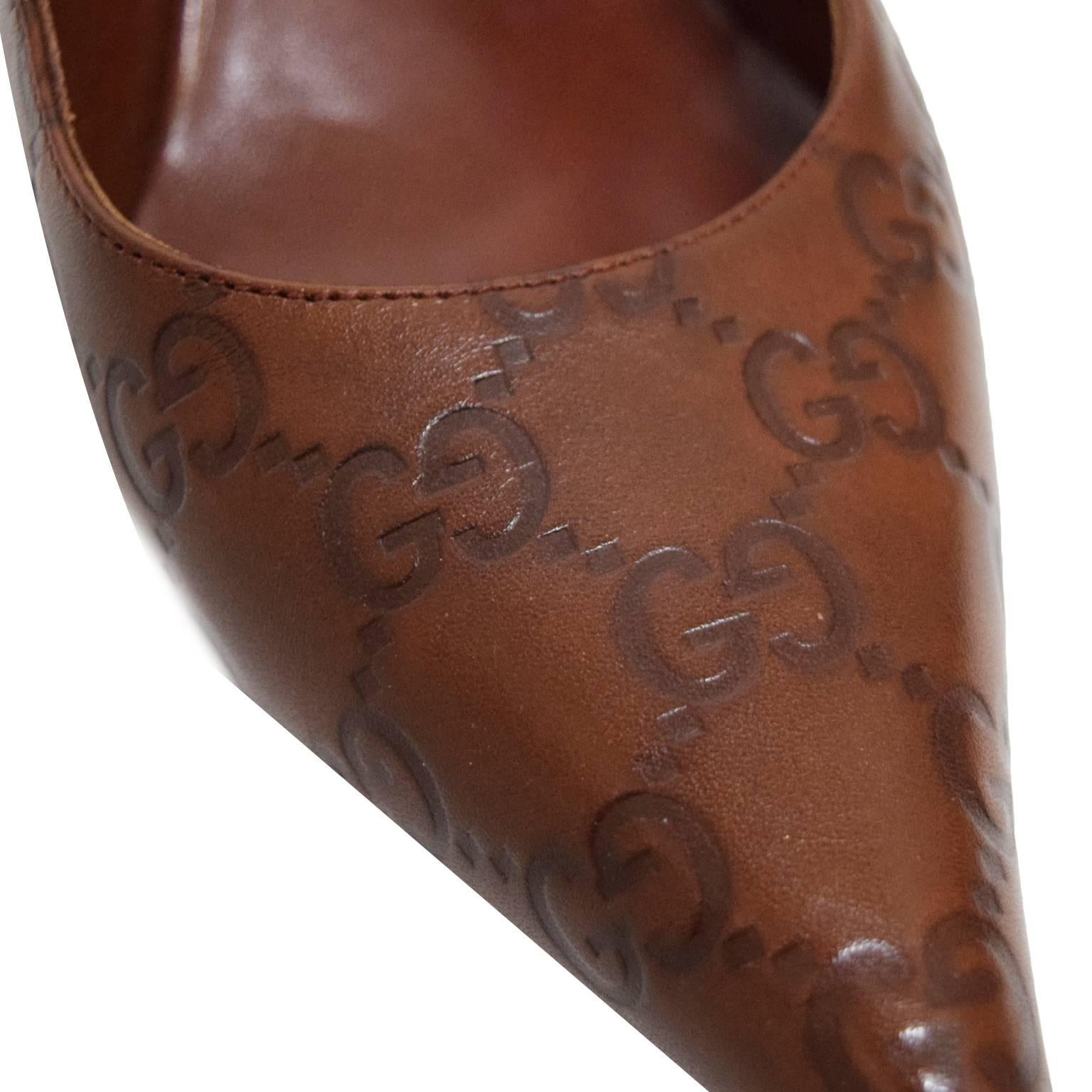 Gucci Brown Leather Imprinted Monogrammed Slingback For Sale 1
