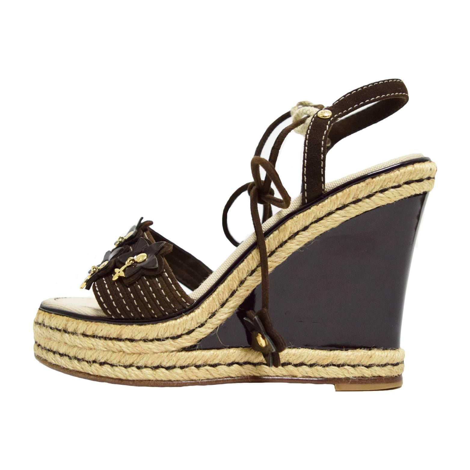 Louis Vuitton Brown Suede and Canvas Espadrille Wedge  For Sale