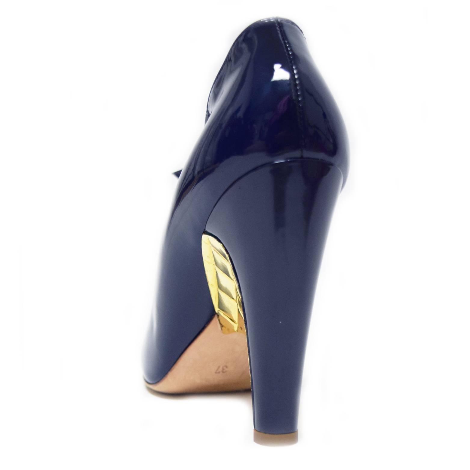Black Chanel Navy Patent Leather Pump with Buckled Upper and Gold Wedge Detail For Sale