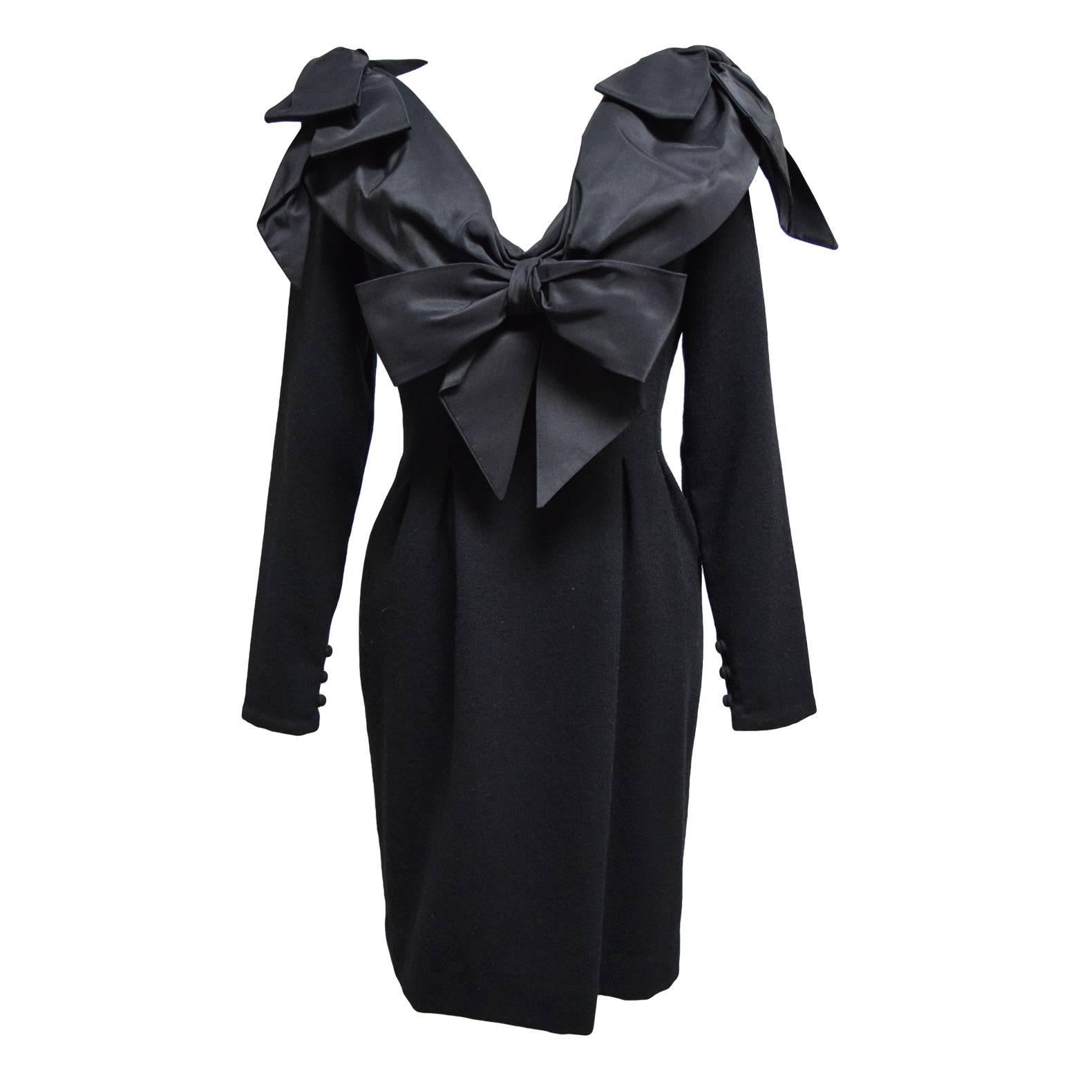 Bill Blass Vintage Wool Black Long-sleeved Dress with Taffeta Bow Embellishments For Sale