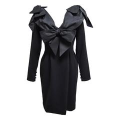 Bill Blass Vintage Wool Black Long-sleeved Dress with Taffeta Bow Embellishments