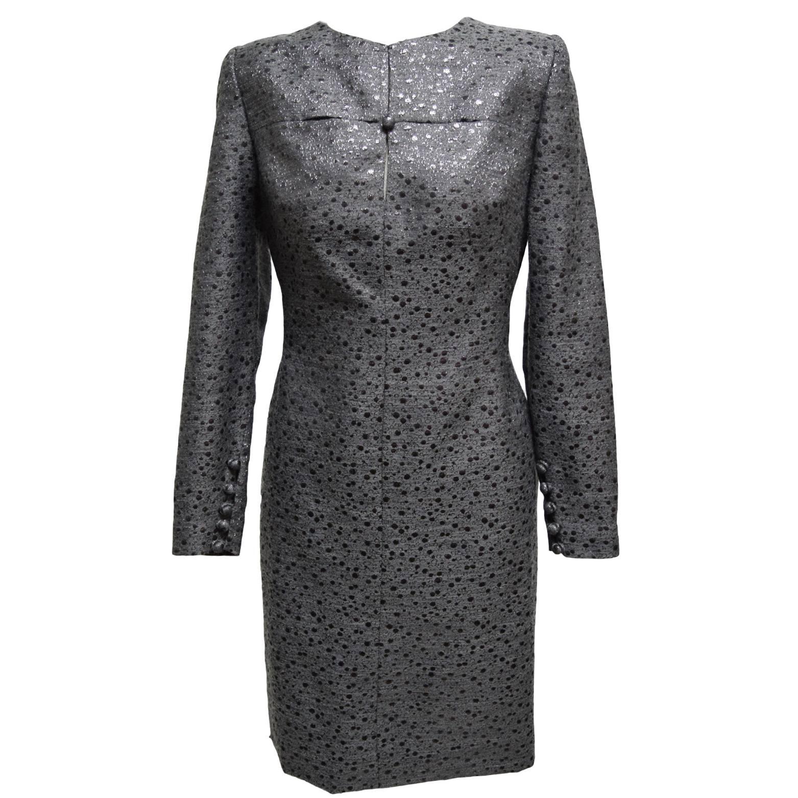 Lourdes Chaves Abstract Polka-Dot Black and Grey Long-sleeved Sheath Dress  For Sale