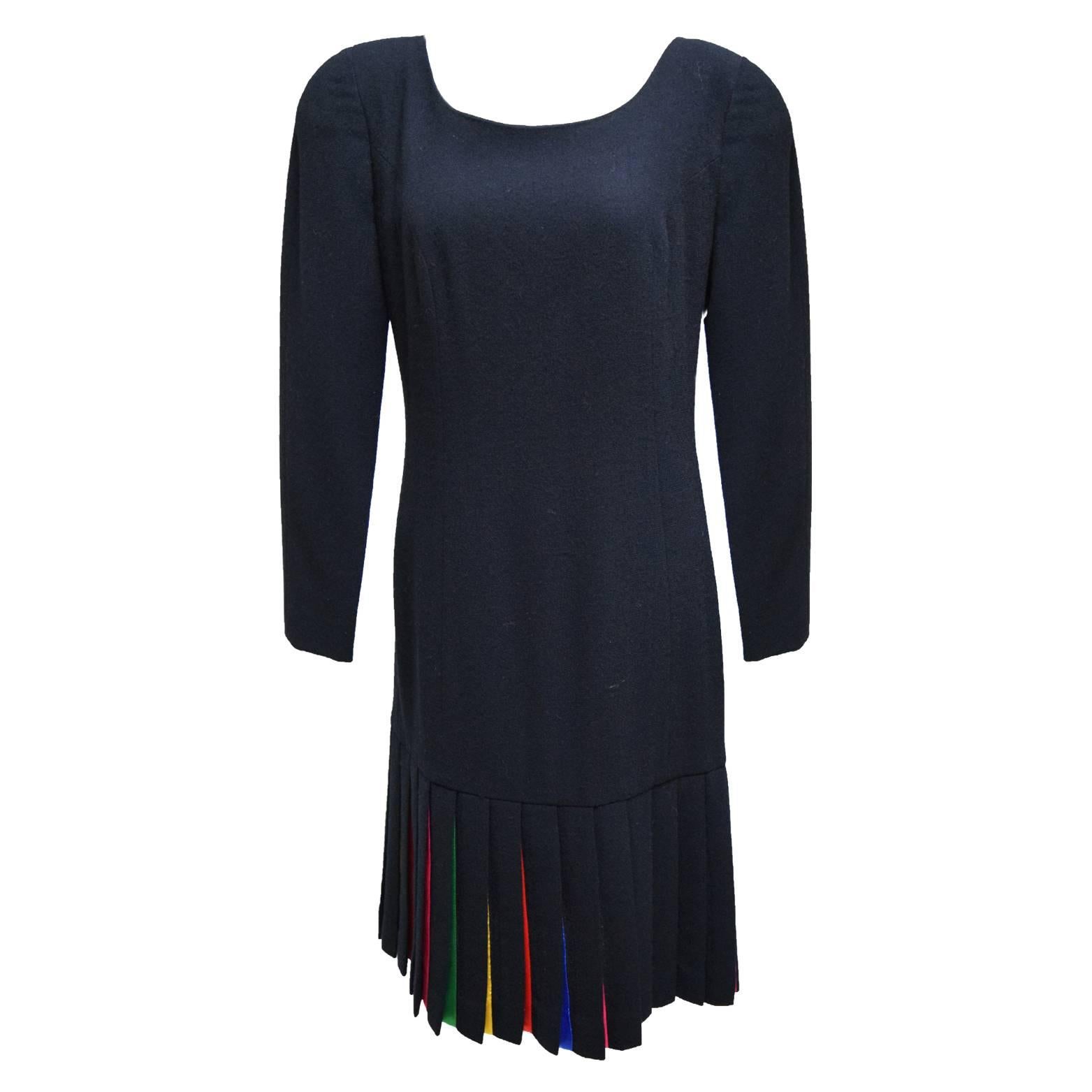 Carolina Herrera Vintage Black Wool Long-sleeved Dress with Colored Panel Skirt For Sale