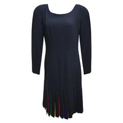 Carolina Herrera Retro Black Wool Long-sleeved Dress with Colored Panel Skirt