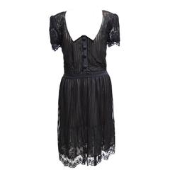 Mignon Black Lace Empire-waist Shirt Dress with Satin Flat Chelsea Collar 