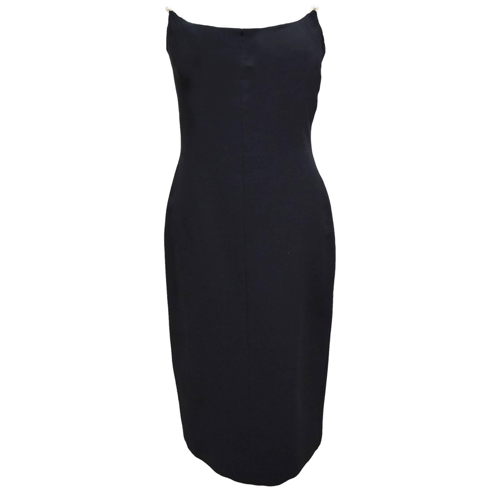 Charles Chang-Lima Wool Black Strapless Cocktail Dress with Freshwater Pearls For Sale