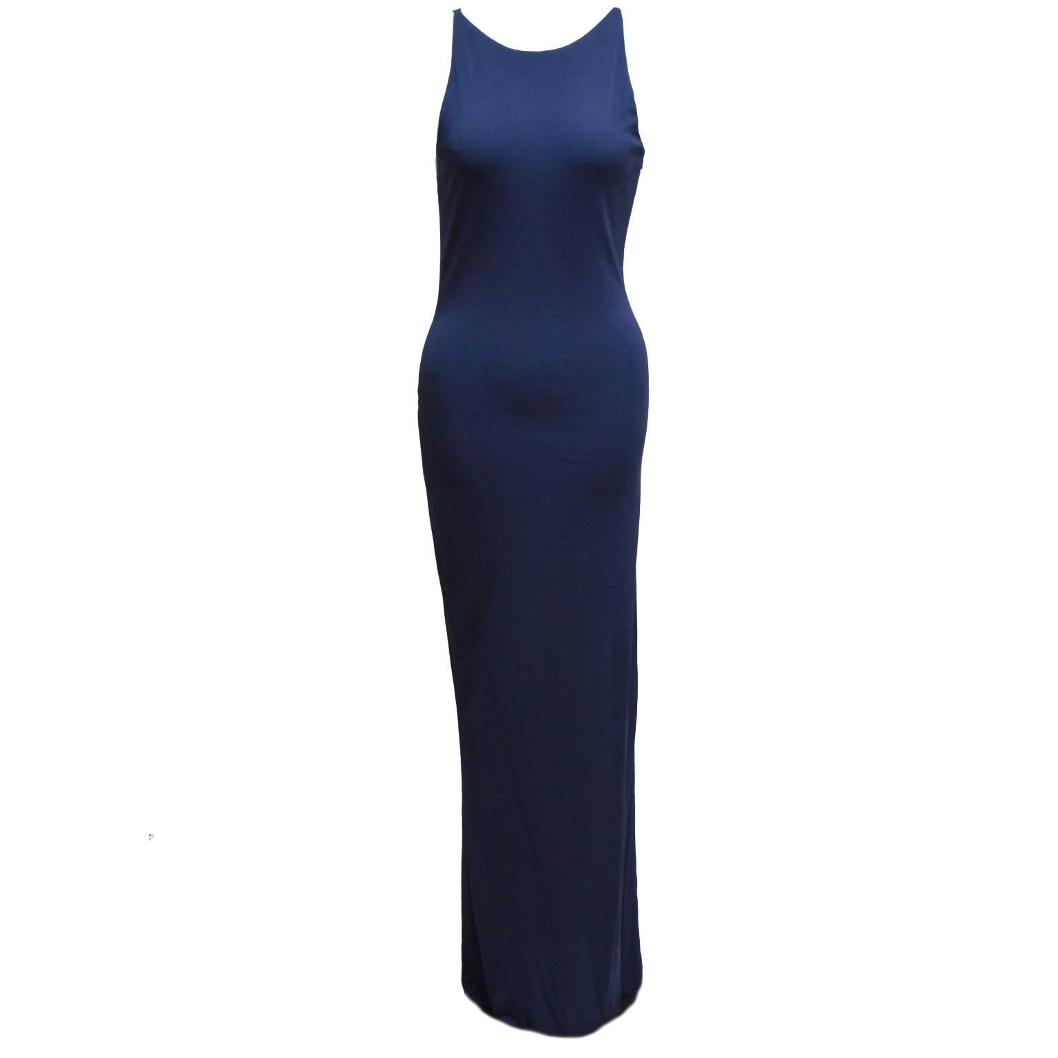 Vera Wang Navy Sheer Back Evening Dress For Sale