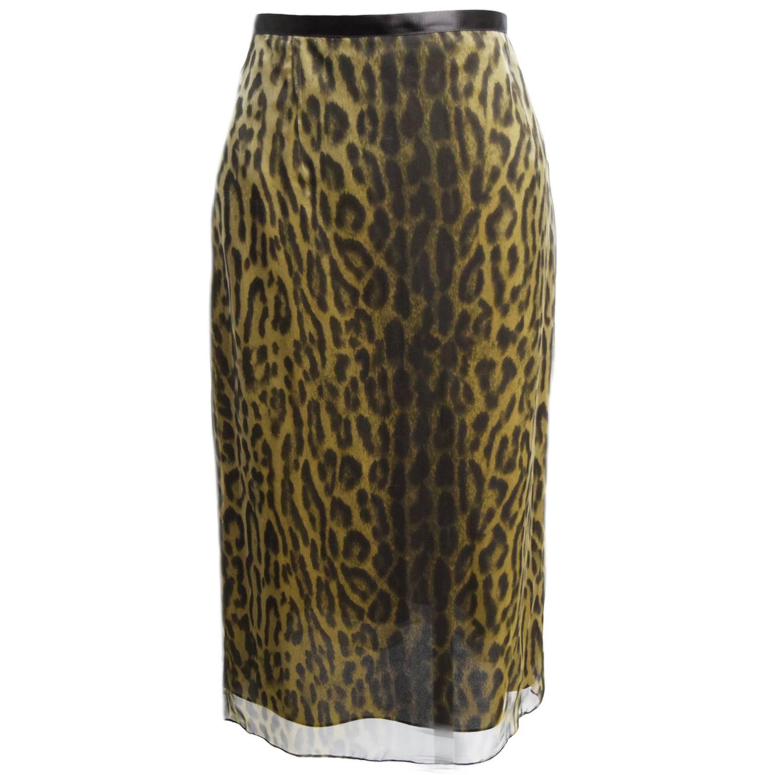 Heidi Weisel Silk Chiffon Abstract Leopard Print Sheer Sheath Skirt For Sale