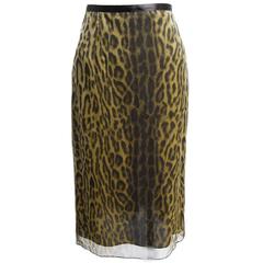 Heidi Weisel Silk Chiffon Abstract Leopard Print Sheer Sheath Skirt 