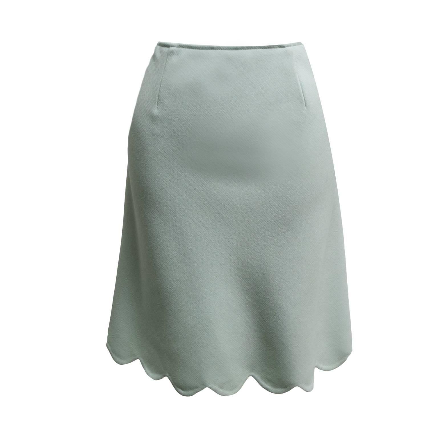 Oscar de la Renta Mint Wool Scalloped High-waisted Skirt  For Sale