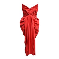 Thakoon Red Ruche Strapless Dress with Draped Skirting and Bustle Back