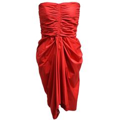 Thakoon Red Ruche Strapless Dress with Draped Skirting and Bustle Back
