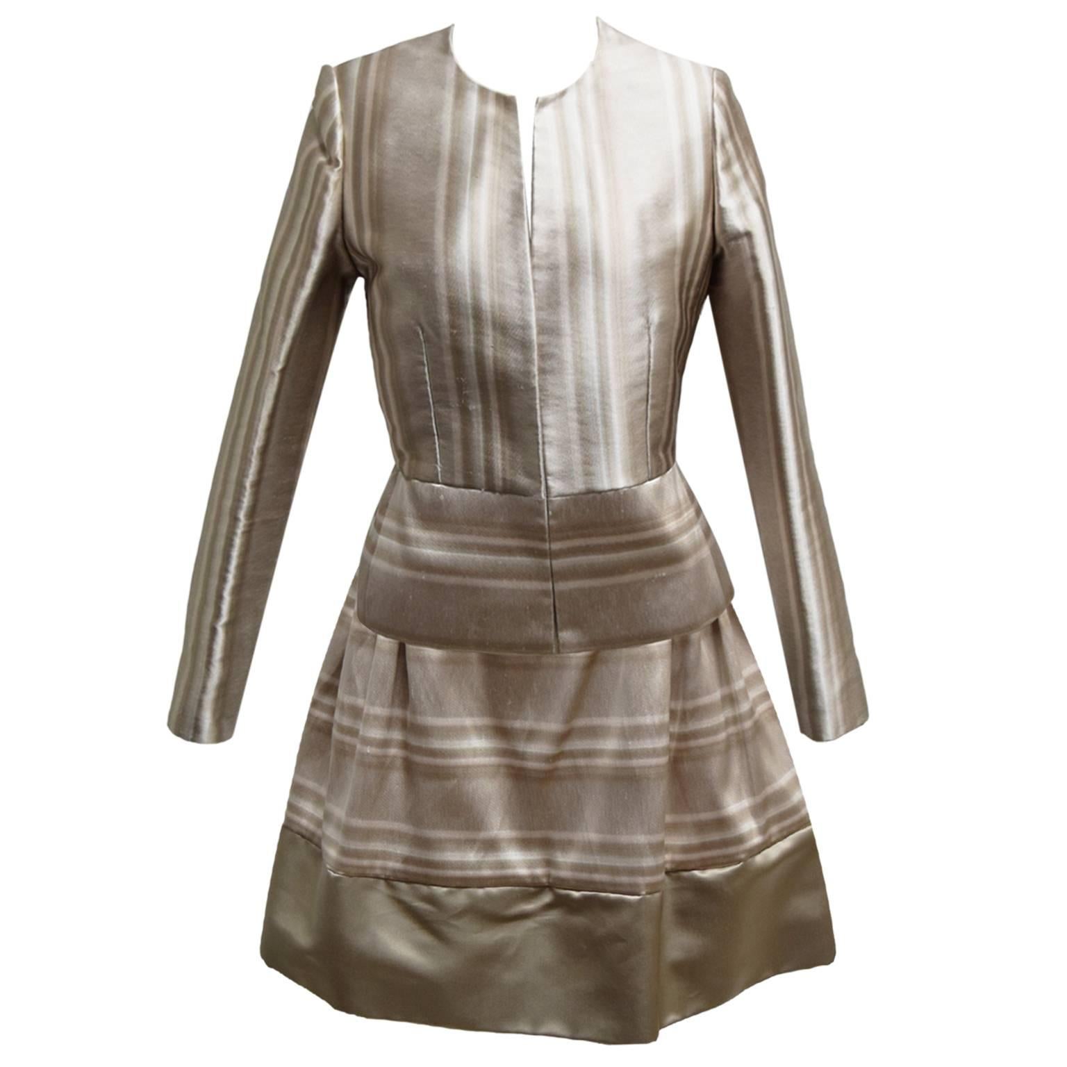 Bill Blass Satin Abstract Striped Beige Two Piece Skirt Ensemble For Sale