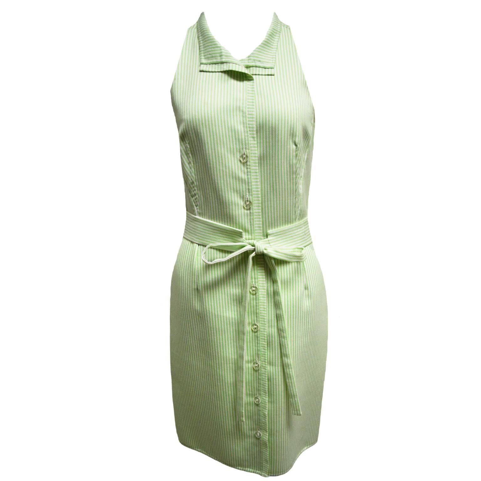 Oscar de la Renta Lime and Ivory Striped Sleeveless Shirt Dress  For Sale