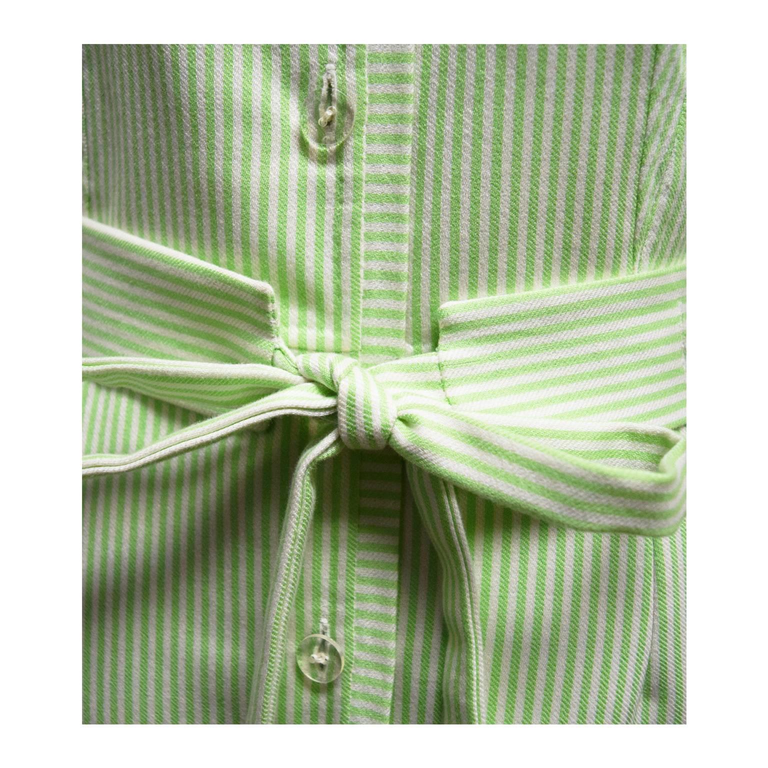 Beige Oscar de la Renta Lime and Ivory Striped Sleeveless Shirt Dress  For Sale