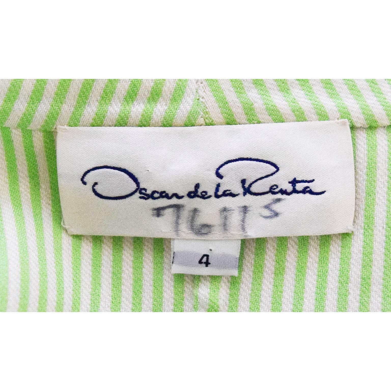 Oscar de la Renta Lime and Ivory Striped Sleeveless Shirt Dress  In Excellent Condition For Sale In Henrico, VA