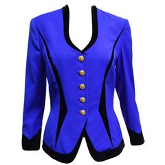 Escada Royal Blue and Black Velvet Trim Two Piece Skirt Suit