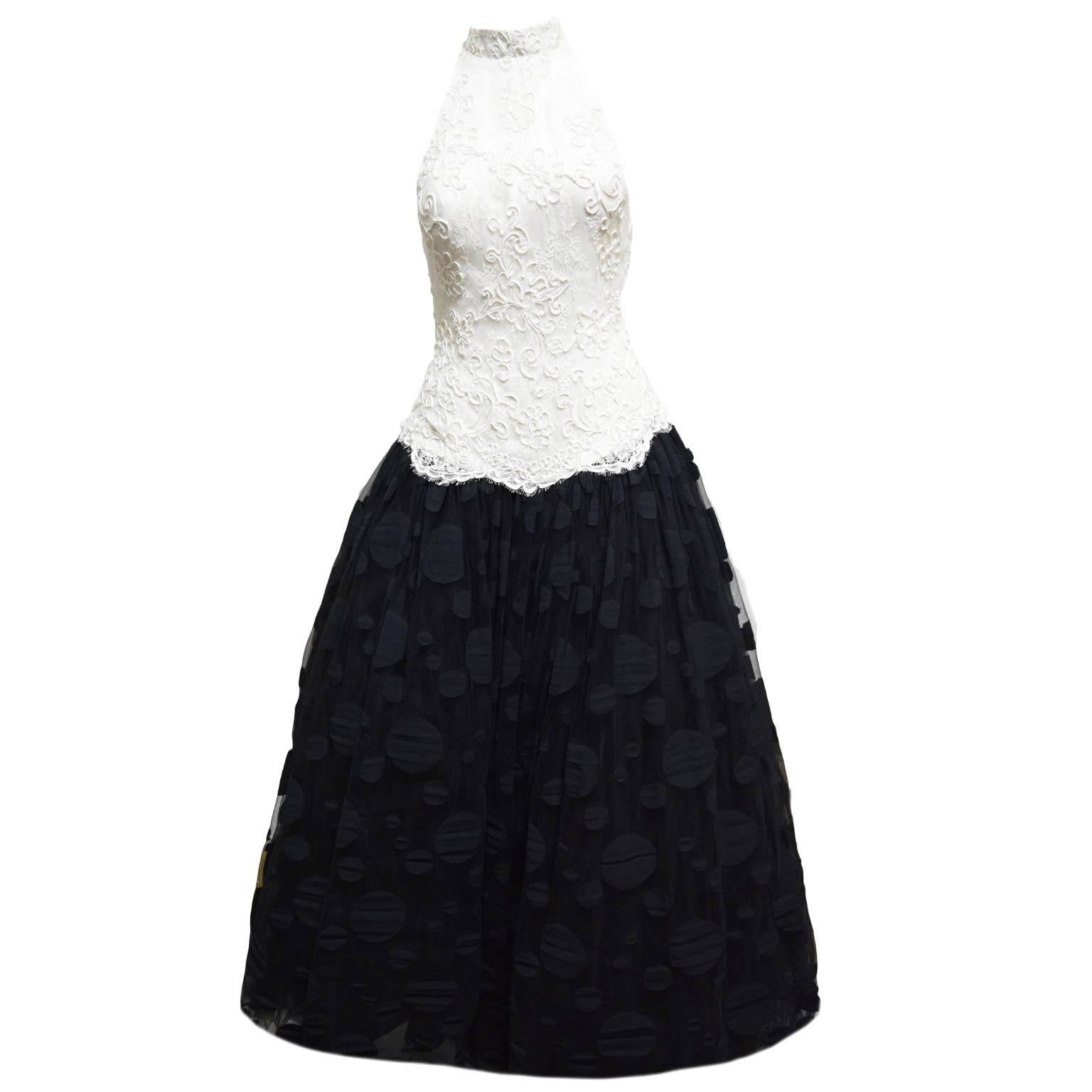 Chris Kole Lace Mock Evening Gown with Black Polk-a-dot Tulle Skirt  For Sale