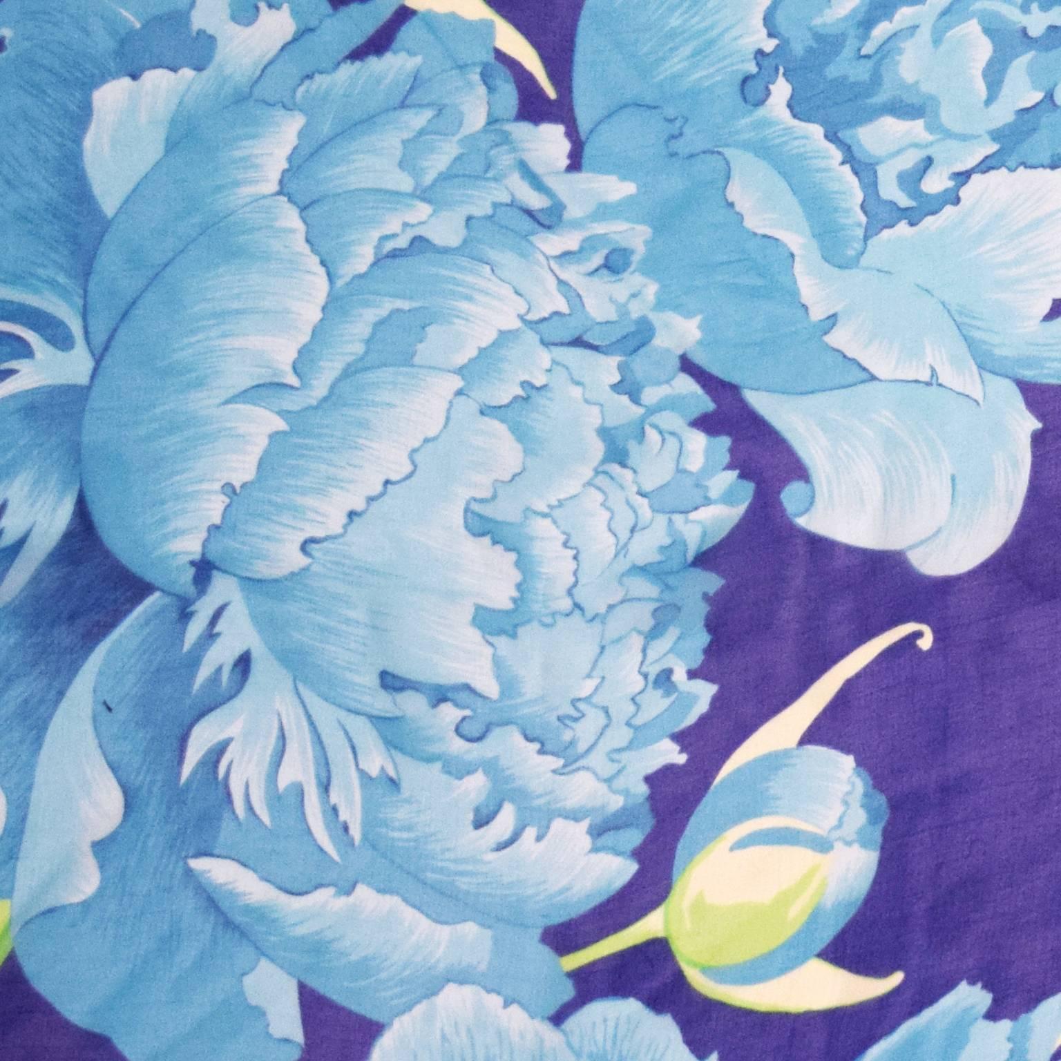 Blue Hermes Silk Chiffon Floral Scarf For Sale