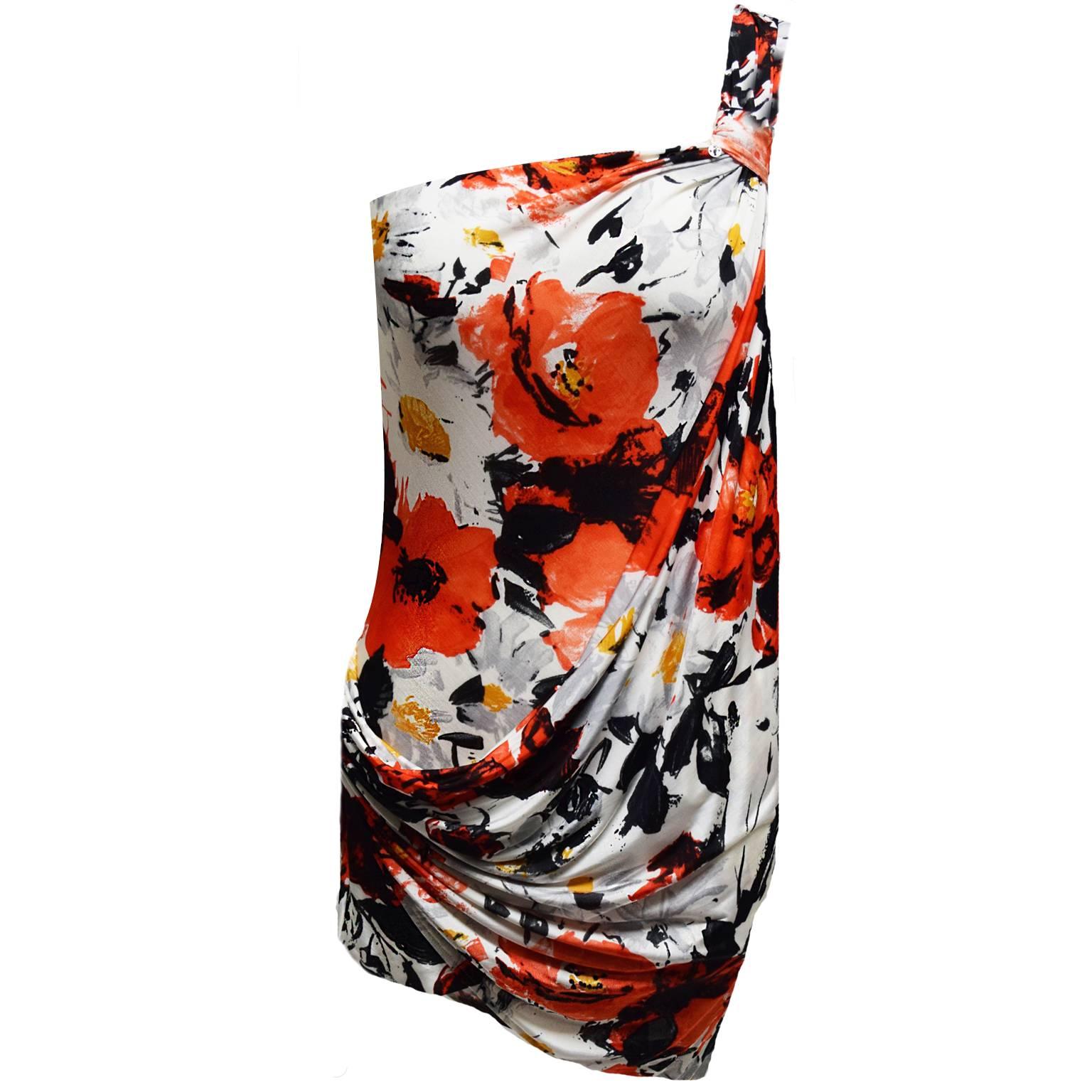 Balenciaga Paris Abstract Floral Print One Shoulder Draped Tunic  For Sale