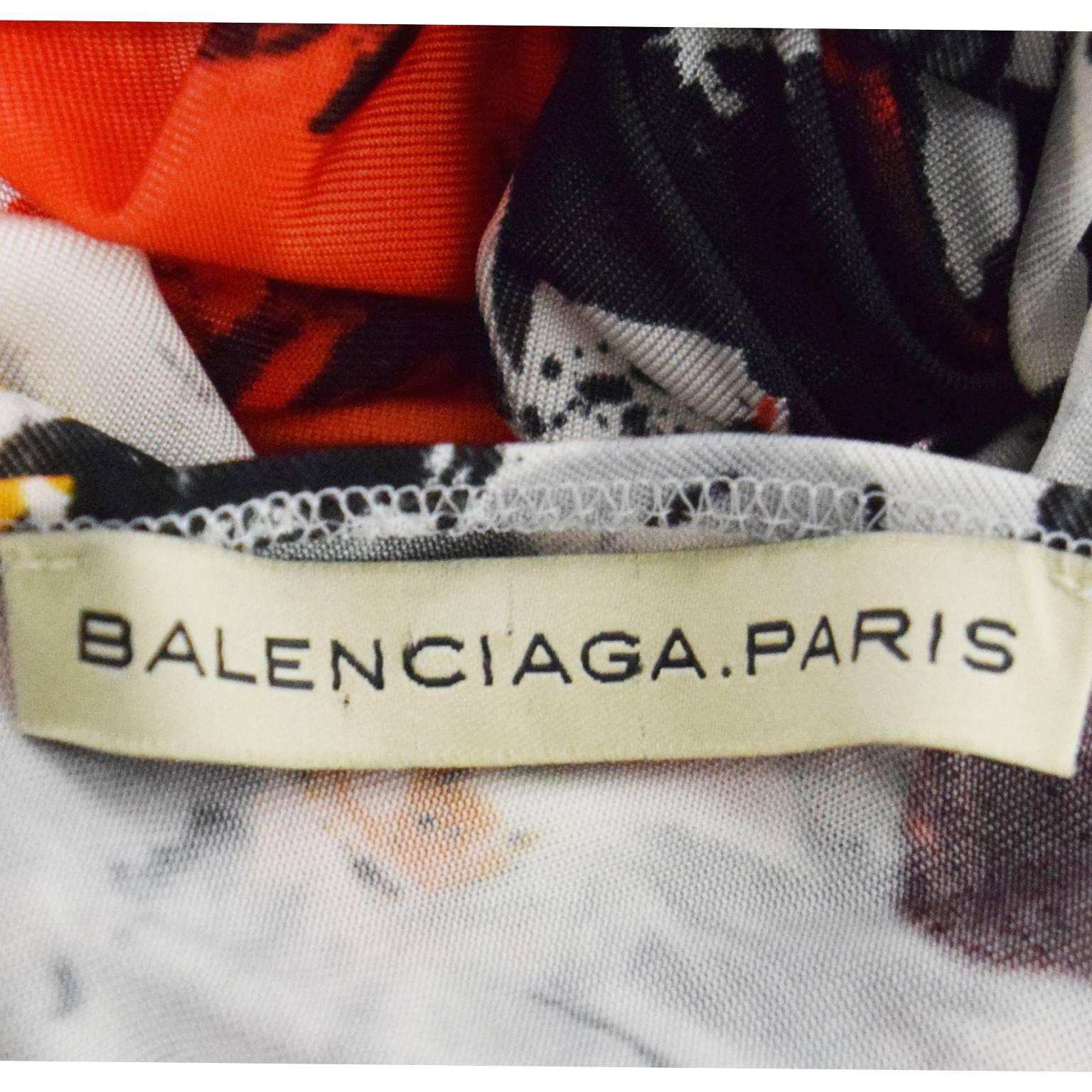 Balenciaga Paris Abstract Floral Print One Shoulder Draped Tunic  In Excellent Condition For Sale In Henrico, VA