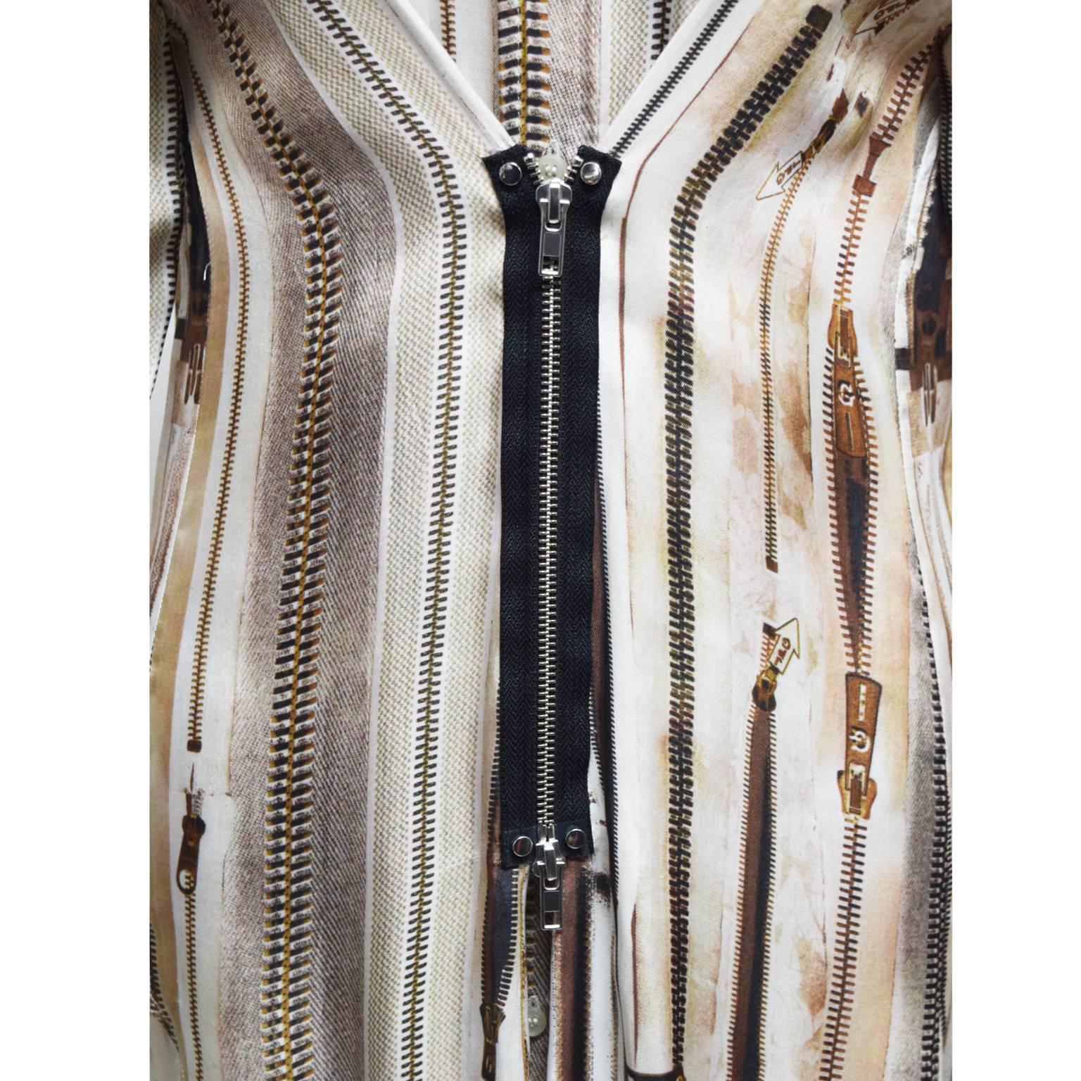 Jean Paul Gaultier Silk Neutral Zipper Print Blouse with Zipped Front  In Excellent Condition For Sale In Henrico, VA