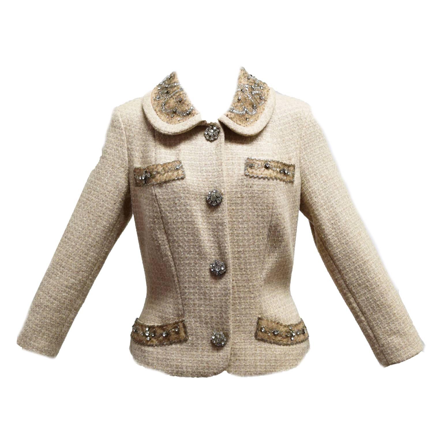 Tracy Reese Wool Beige Jacket with Lace Contrast and Intricate Beading Design  For Sale