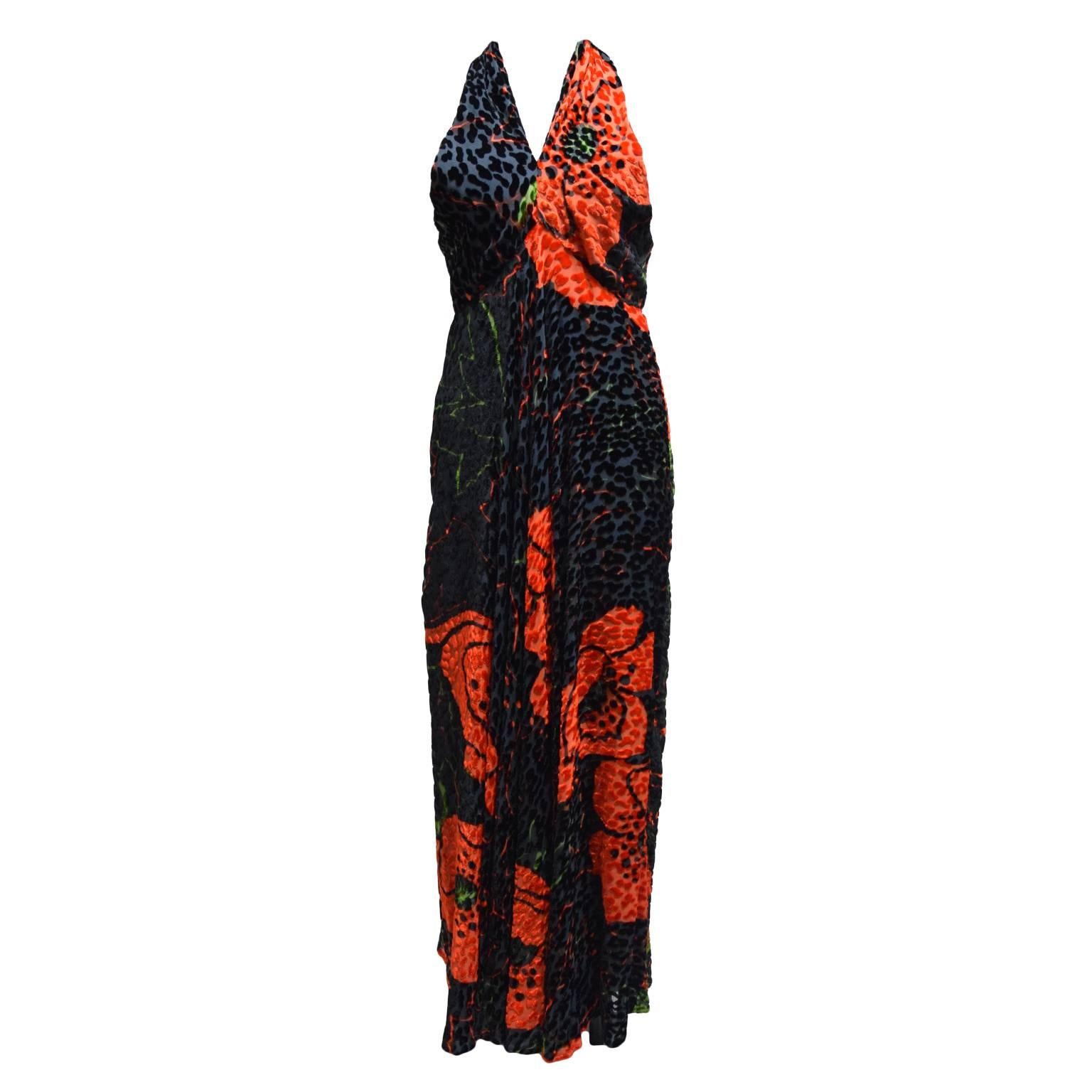 Bill Blass Burnout Velvet Leopard and Ostrich Feather Halter Dress and Shawl  In Excellent Condition For Sale In Henrico, VA