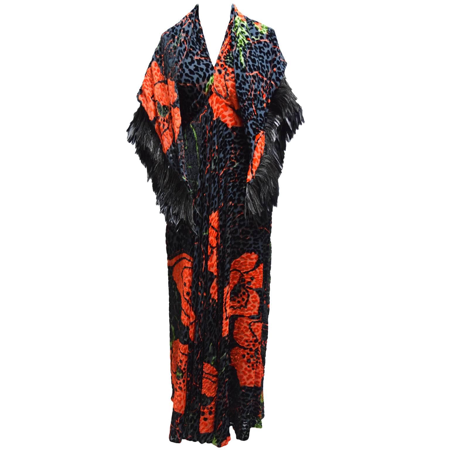 Bill Blass Burnout Velvet Leopard and Ostrich Feather Halter Dress and Shawl  For Sale