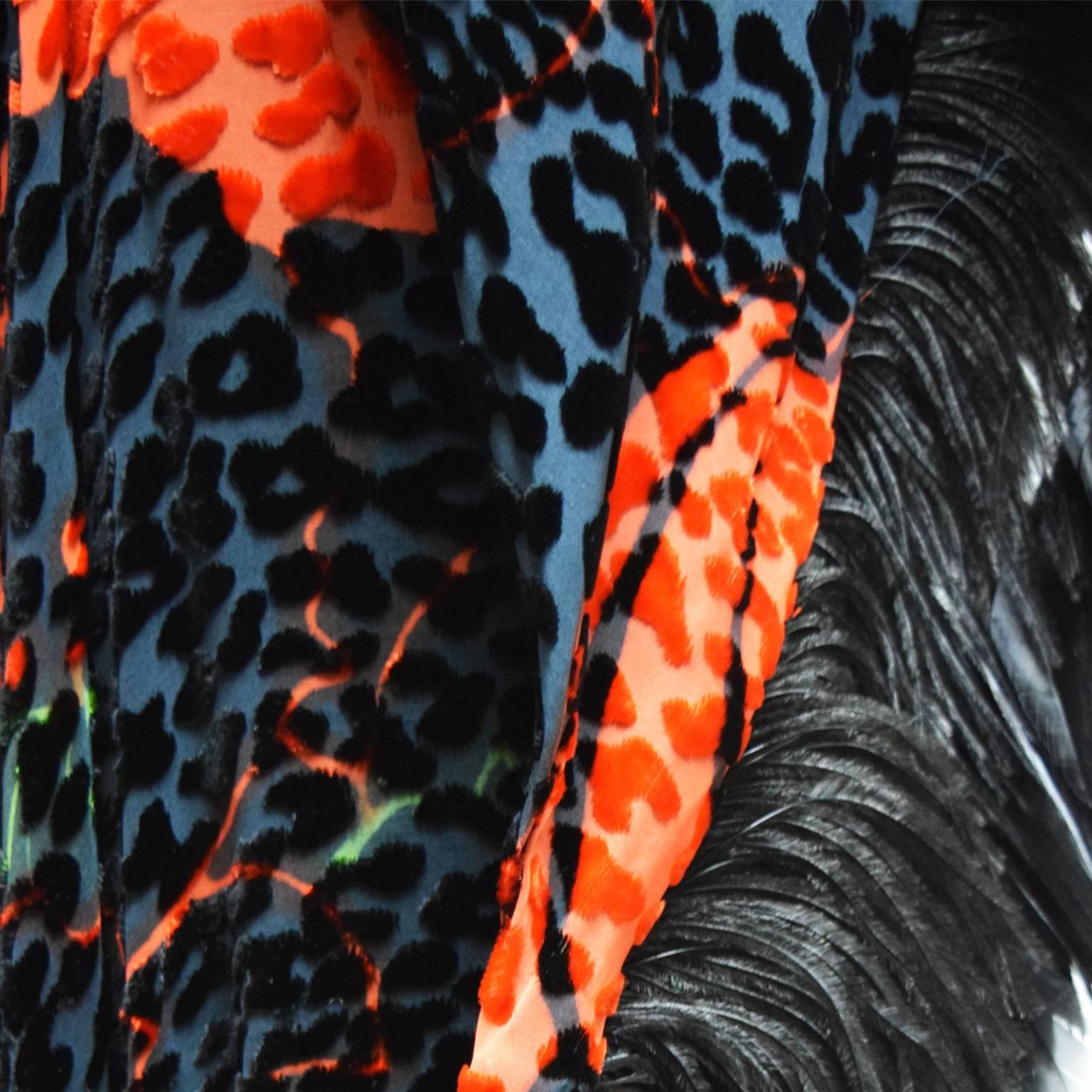 Bill Blass Burnout Velvet Leopard and Ostrich Feather Halter Dress and Shawl  For Sale 2