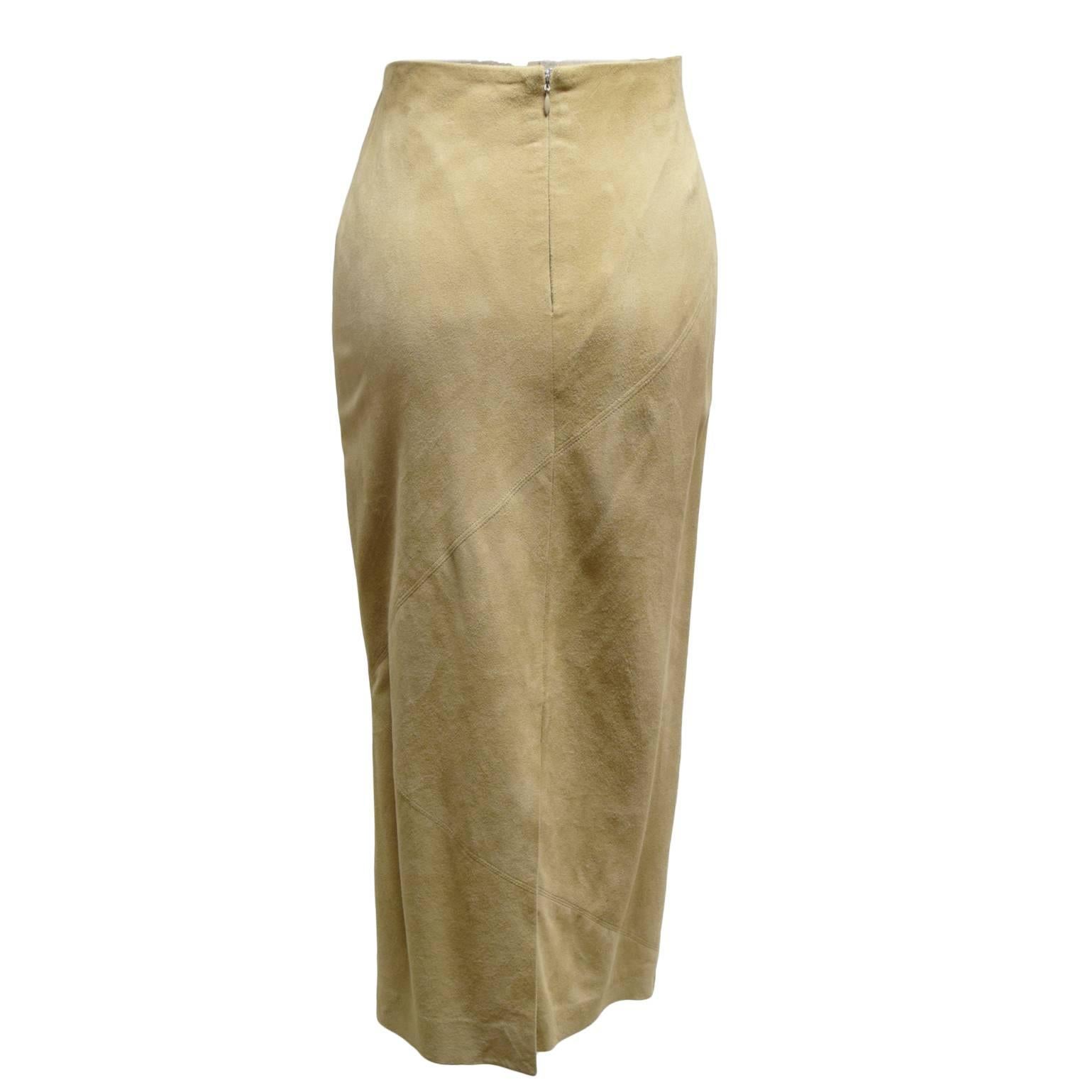 Ralph Lauren Blue Label Beige Suede Skirt Suit  In Excellent Condition For Sale In Henrico, VA