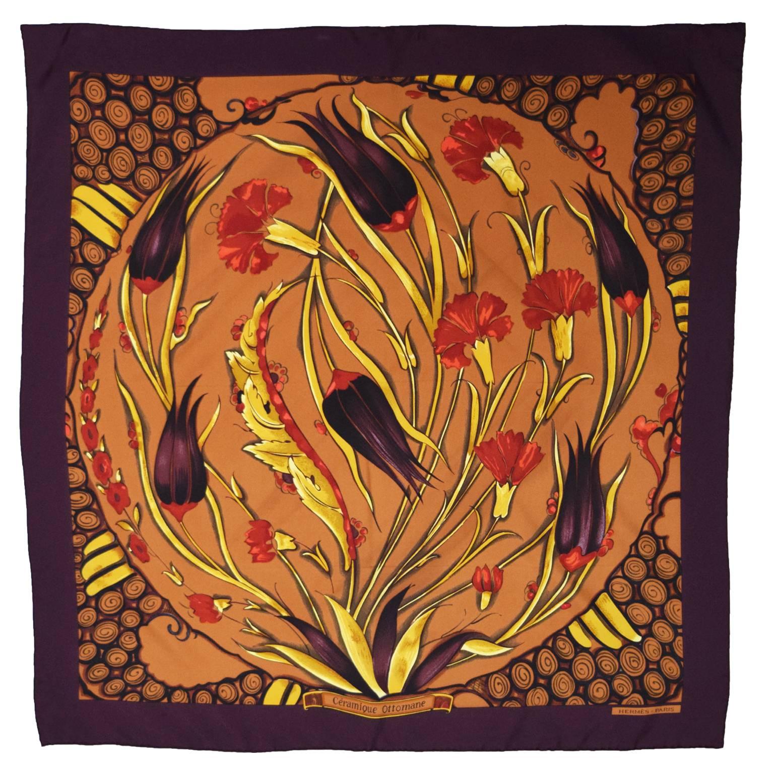 Hermes Silk Printed Abstract Tulip and Mum Scarf 