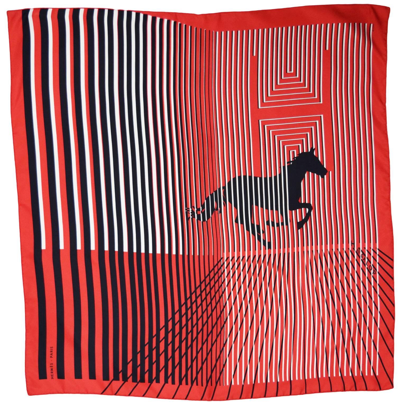 Hermes Black, Red, and White Striped Silk Scarf with Galloping Horse Print For Sale