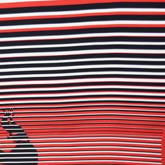 Hermes Black, Red, and White Striped Silk Scarf with Galloping Horse Print