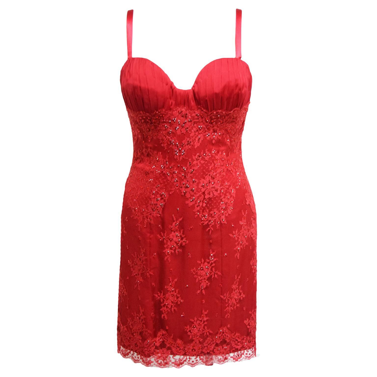 Baracci Red Floral Lace Sweetheart Dress with Lace Up Back Closure   For Sale