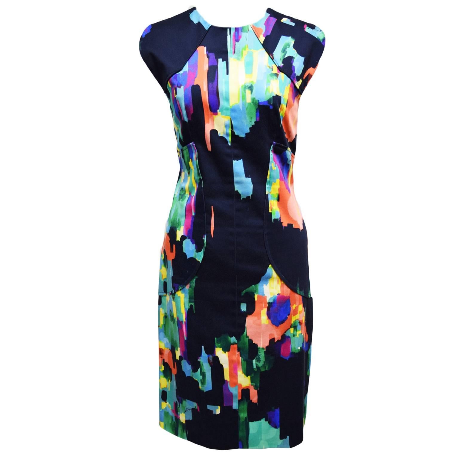 Lela Rose Multicolored Abstract Paint Stroke Printed Sheath Dress  For Sale