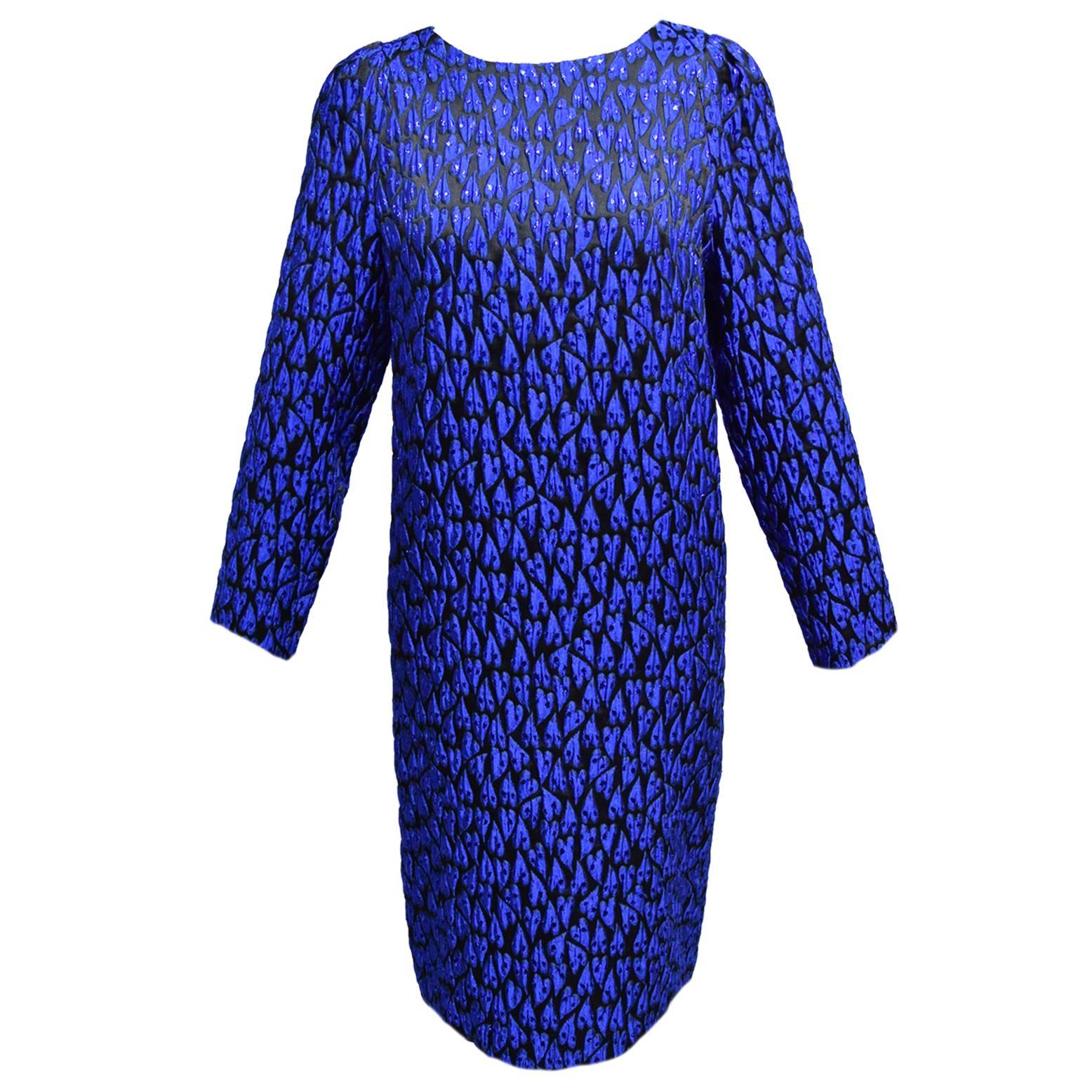 Mauro Grifoni Iridescent Royal Blue and Black Jacquard Heart Printed Shift Dress For Sale