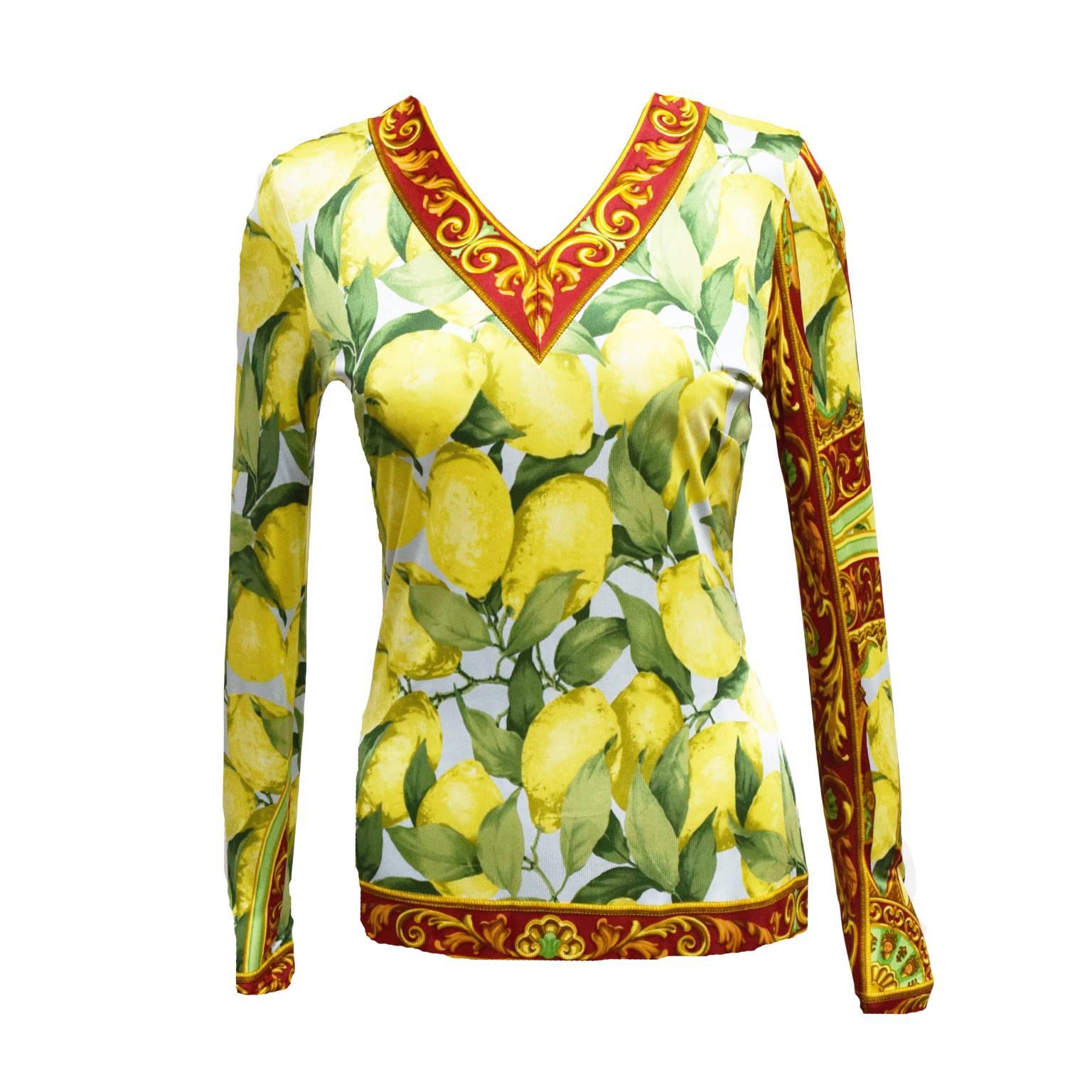 Dolce & Gabbana Lemon Tree and Baroque Printed Long Sleeved Blouse  For Sale