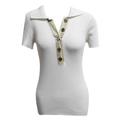 Dolce & Gabbana Ivory Ribbed Knit Polo with Snake Skin Embellishment and Buttons